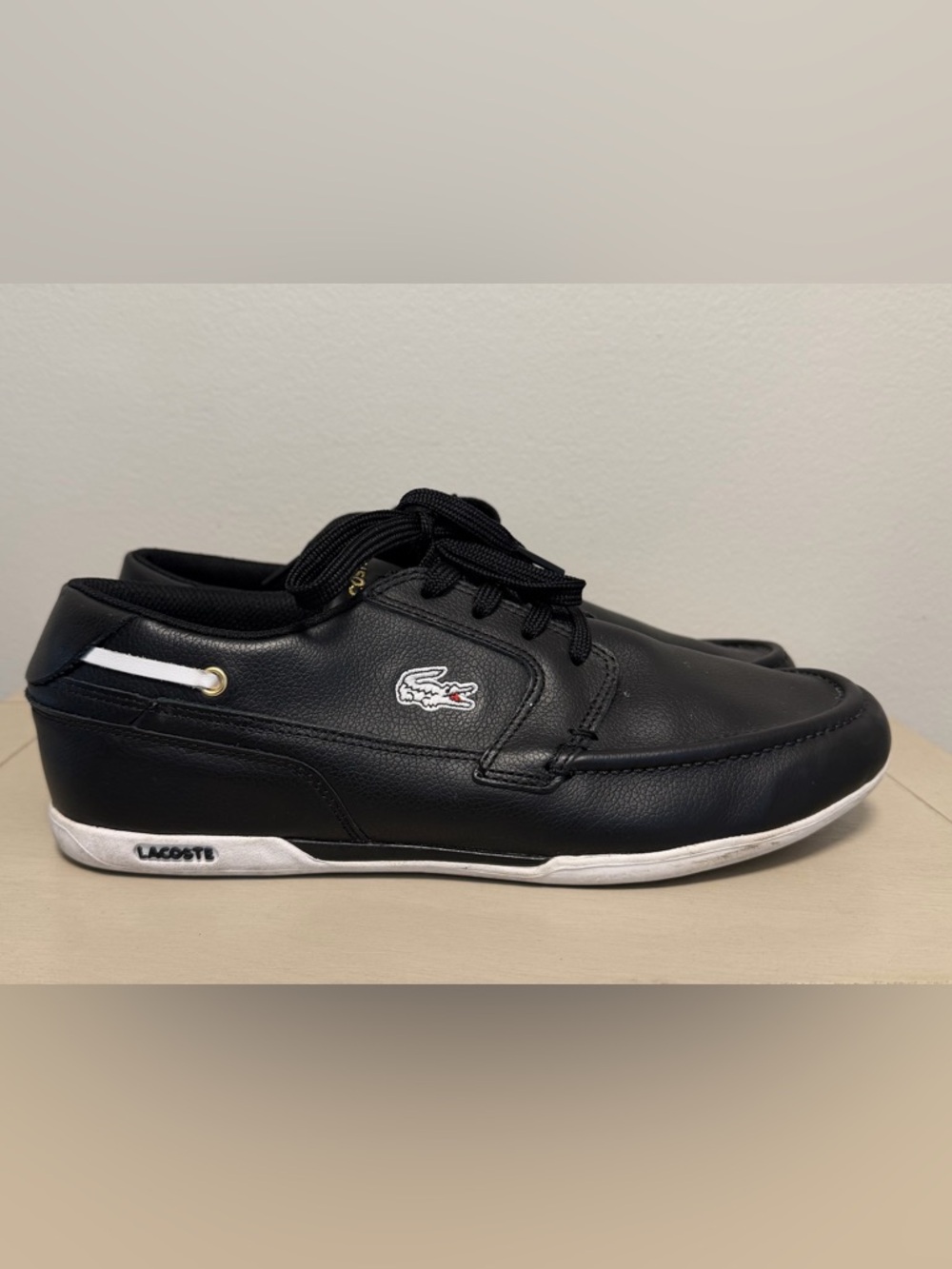 Lacoste Dreyfus AP Leather Boat Shoes Sneakers Black Sz 9.5 Moc Toe Low Top